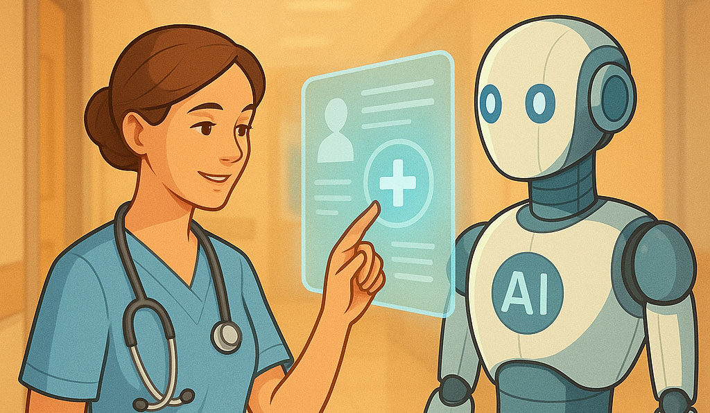 Eine Ilustration. Sie zeigt eine Pflegekraft und einen Roboter.