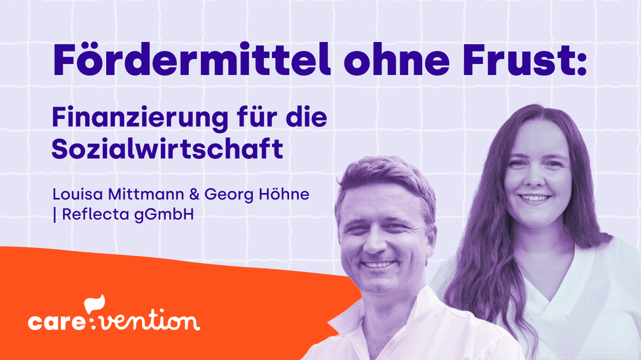 Das Plakat zur care:vention #8. Die Vortragenden Louisa und Georg sind abgebildet.