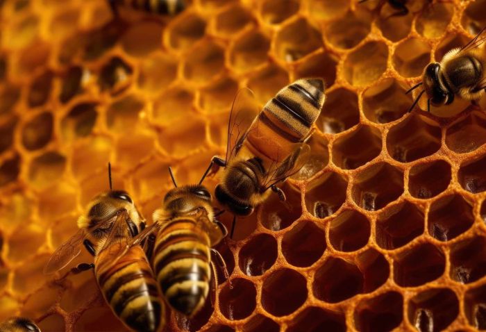 Bienenwaben gefüllt mit Honig und drei Bienen darauf in Nahaufnahme