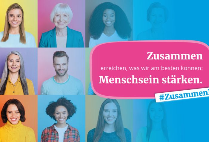 Verschiedene Porträts von Menschen nebeneinander mit buntem Hintergrund und einem Schriftzug. 