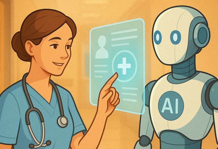Eine Ilustration. Sie zeigt eine Pflegekraft und einen Roboter.