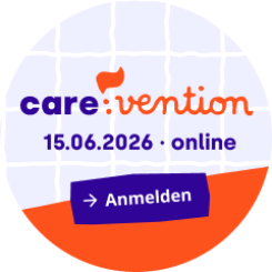 Kreis mit der Aufschrift: care:vention 15.06.2026 · online. Anmelden