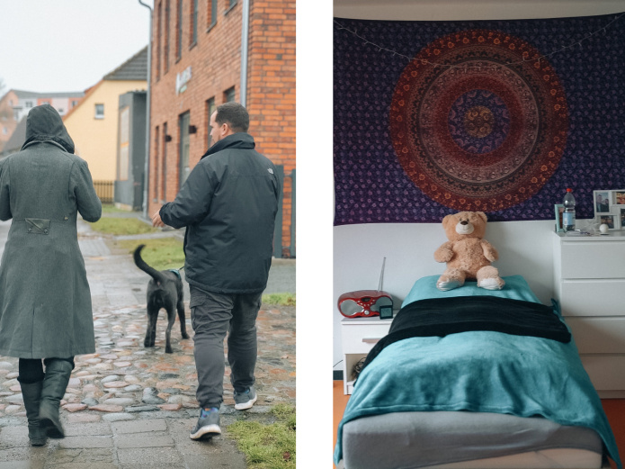Links Bild zeigt zwei Chamäleon Mitarbeiter beim Spaziergang mit einem Hund. Das rechte Bild gibt einen Einblick in ein Zimmer in der Einrichtung.