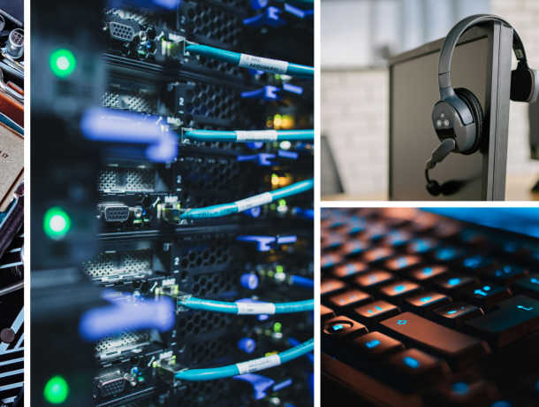 IT-Service von Domicil: Collage aus vier Bildern zeigt verschiedene Aspekte der IT-Infrastruktur. Links ein Nahaufnahme eines Intel Core i7-Prozessors auf einer Hauptplatine. Mittig Netzwerkserver mit angeschlossenen Kabeln. Oben rechts ein Headset an einem Monitor, unten rechts eine beleuchtete Tastatur. Darstellung der umfassenden IT-Dienstleistungen und technischen Unterstützung von Domicil.